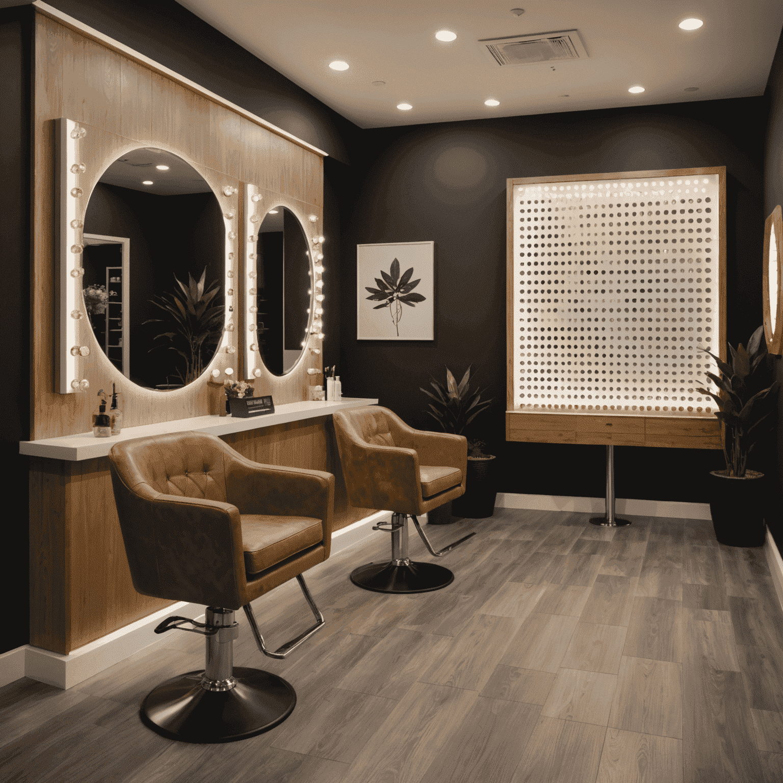 Interior of Plinko Beauty Lounge, showing a modern, clean space with styling stations, comfortable seating, and warm lighting. The image captures the essence of our professional yet welcoming atmosphere.