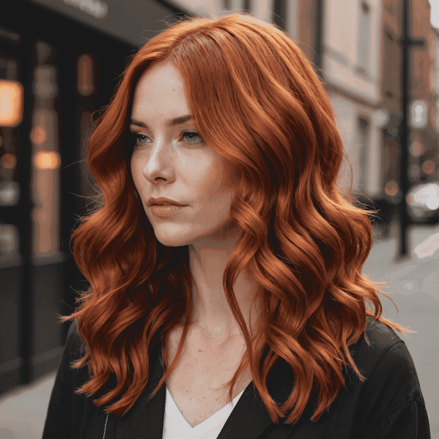 Woman with vibrant copper-colored hair, styled in loose waves to showcase the multidimensional shine