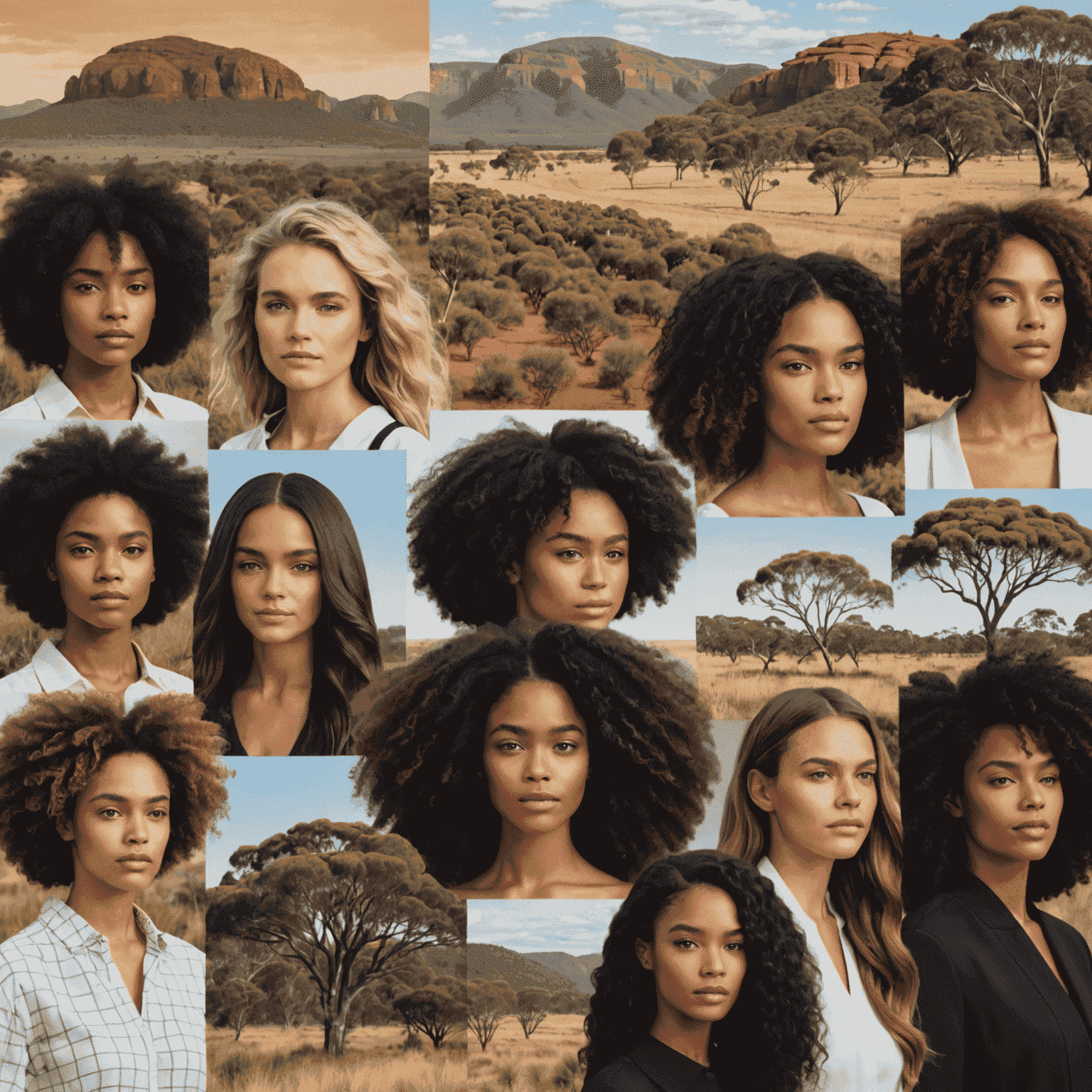 A collage of various hair types and Australian landscapes, showcasing the diversity of hair care needs in different climates