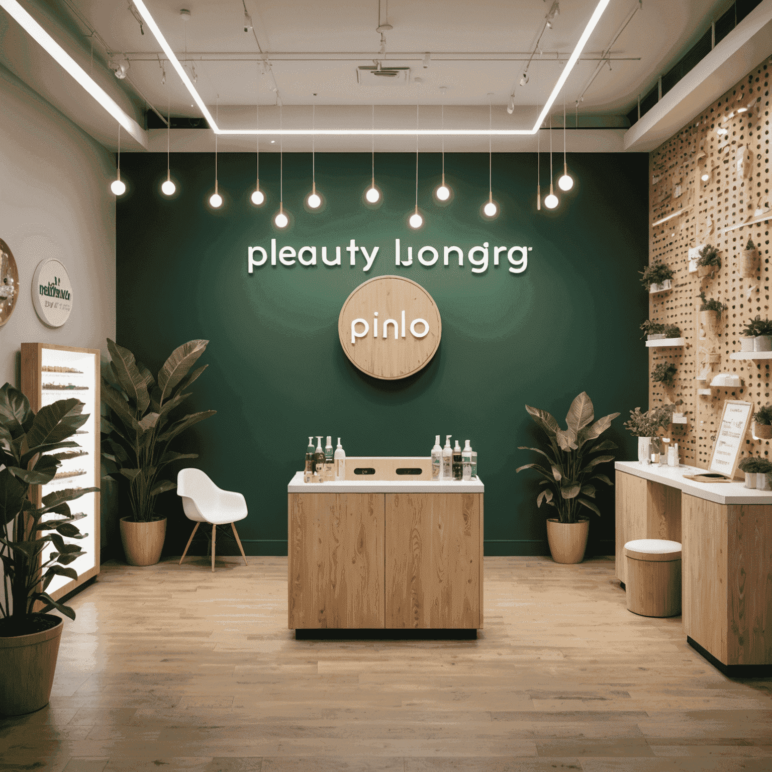 Plinko Beauty Lounge interior showcasing eco-friendly practices, including recycling bins, energy-efficient lighting, and natural, plant-based products on display