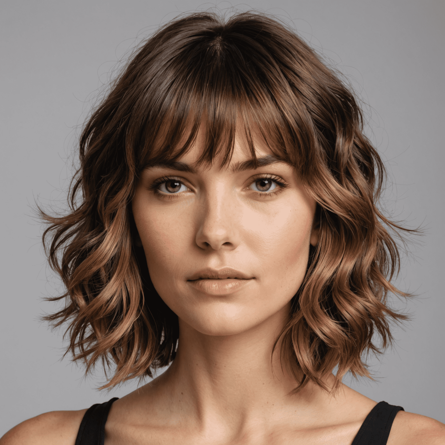 Model with a textured, layered shag haircut featuring curtain bangs and tousled waves