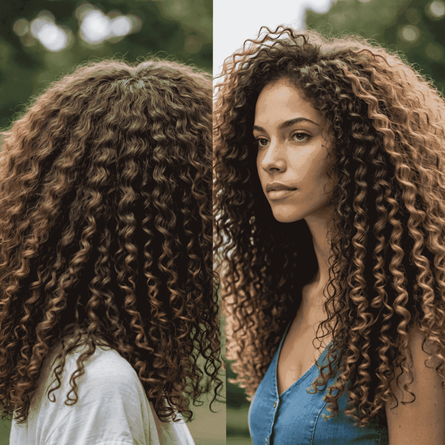 A split image showing frizzy hair in humid conditions versus smooth, controlled hair after using anti-frizz products