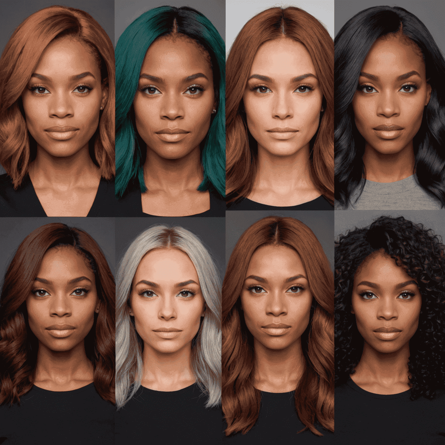 A series of before and after images showing dramatic hair color transformations that complement different skin tones and eye colors