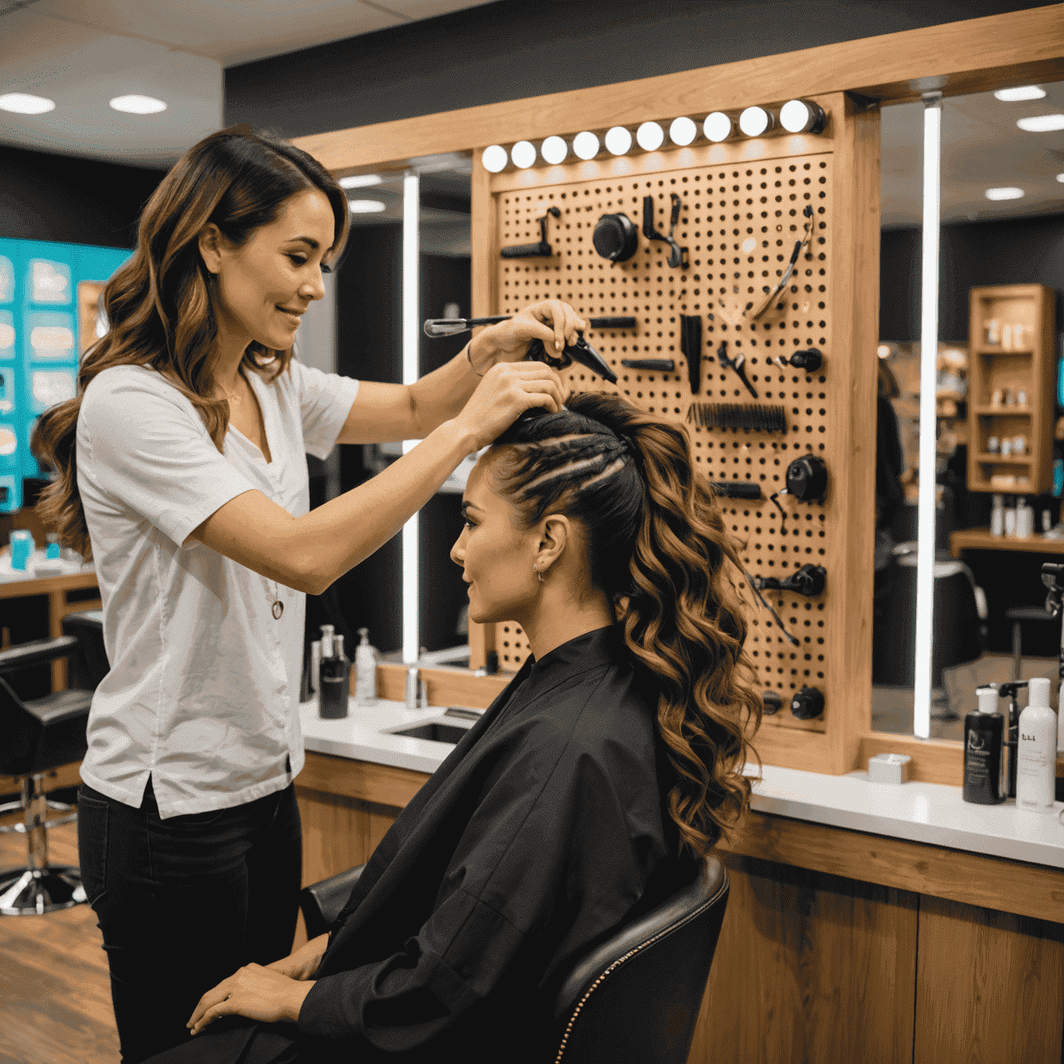 Plinko Beauty Lounge stylist using energy-efficient hair tools and eco-friendly products on a client