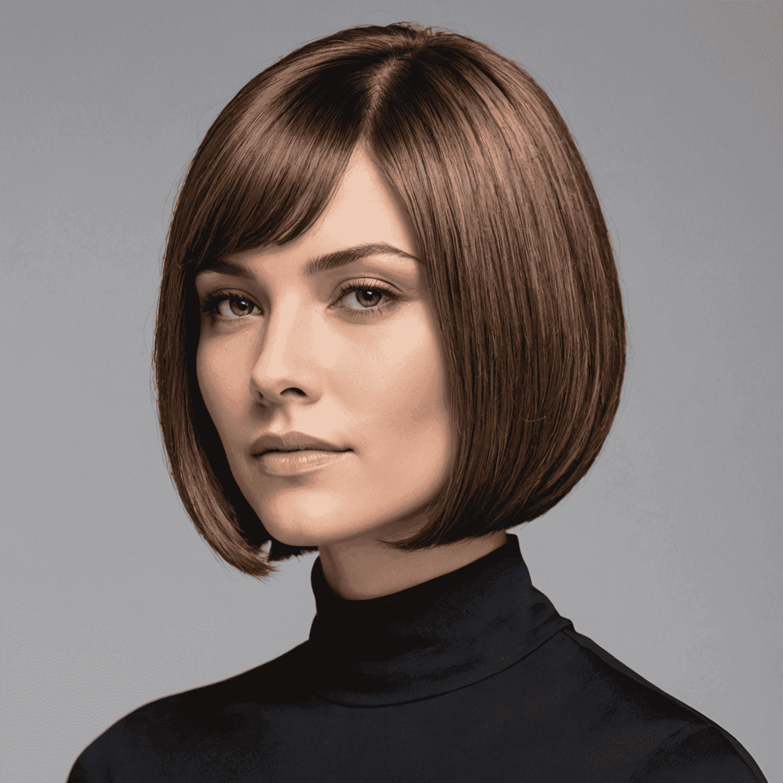 Woman with a chin-length, straight bob haircut, showcasing its sharp lines and glossy finish