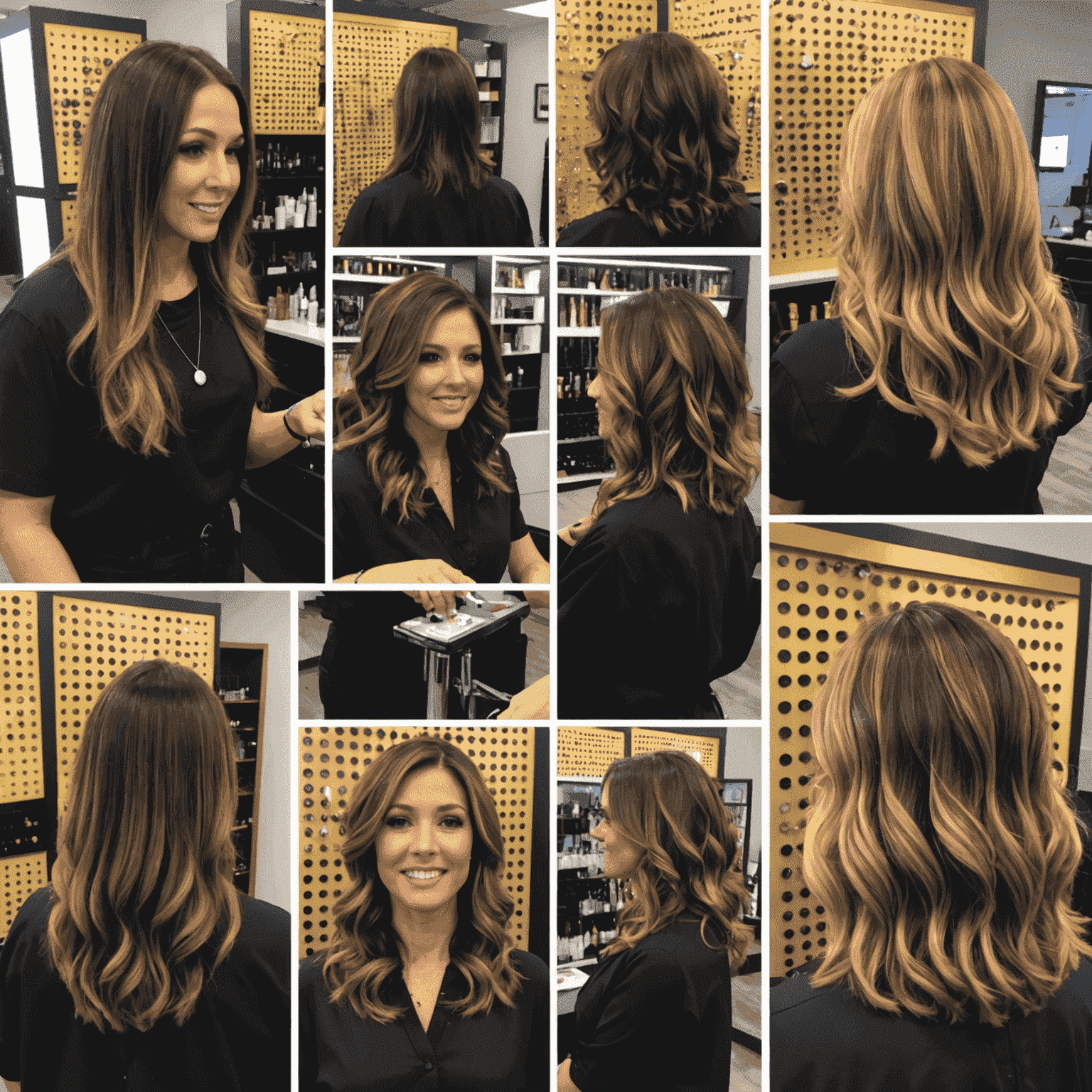 A montage of Plinko Beauty Lounge stylists working with clients, showcasing various hair treatments and styling techniques