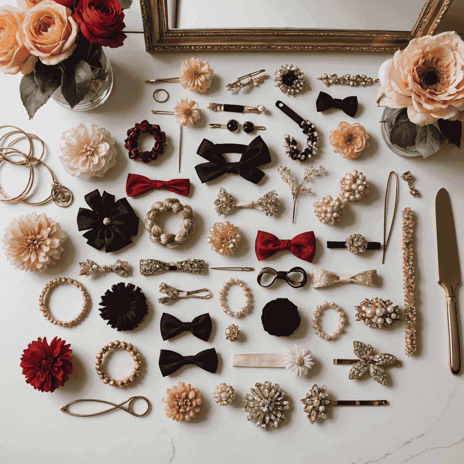 A collection of stylish hair accessories including clips, headbands, and pins, arranged artfully on a vanity