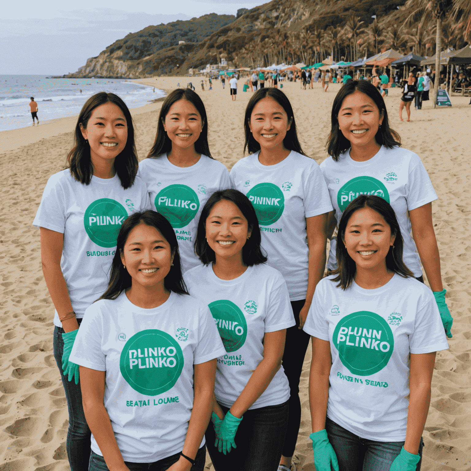 Plinko Beauty Lounge team participating in a local beach clean-up event, wearing branded t-shirts and collecting waste