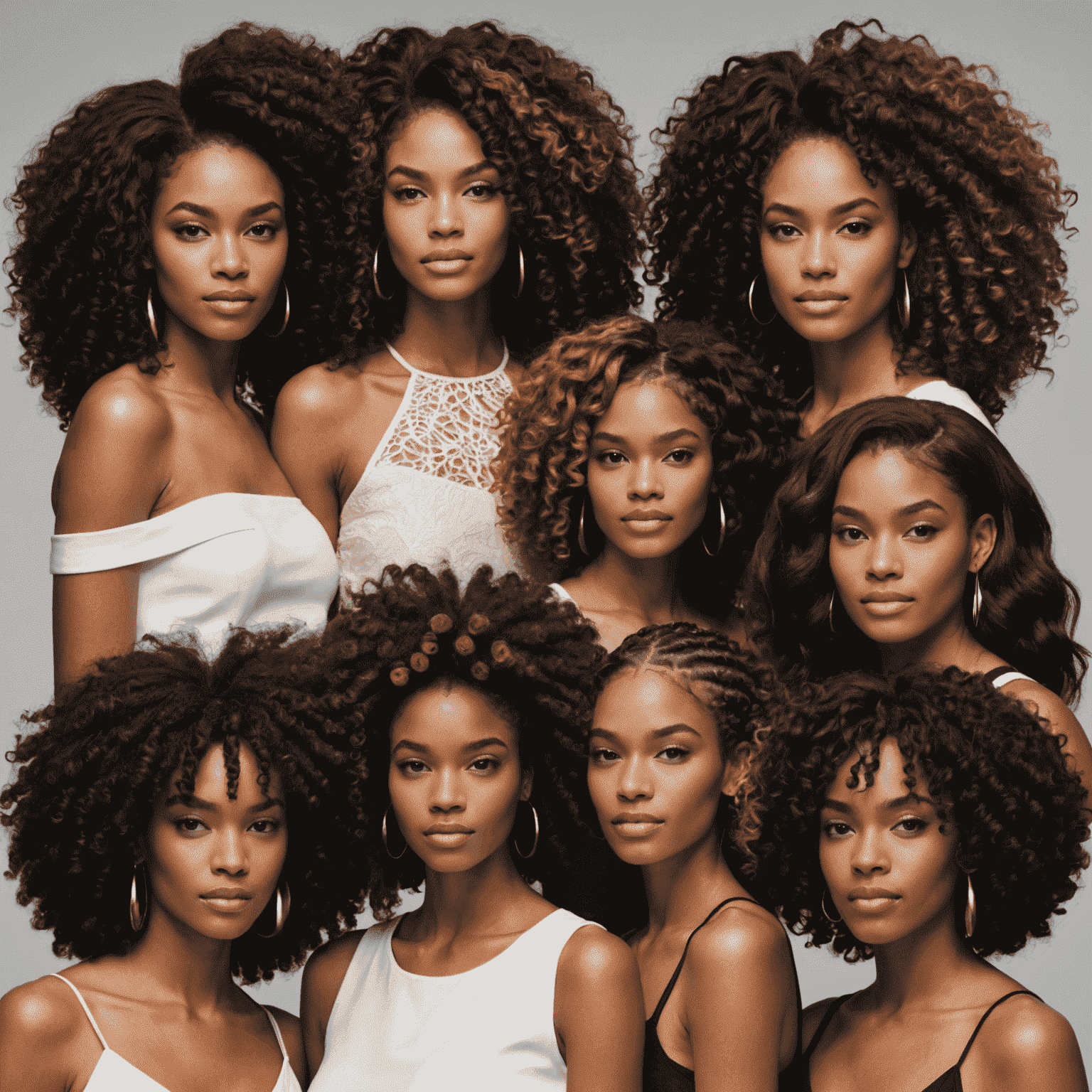 Diverse models showcasing their natural hair textures, from tight coils to loose waves